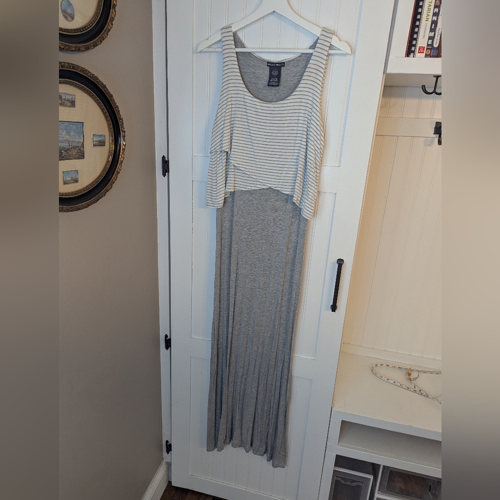 Chelsea & Theodore Gray and White Striped Maxi Dress